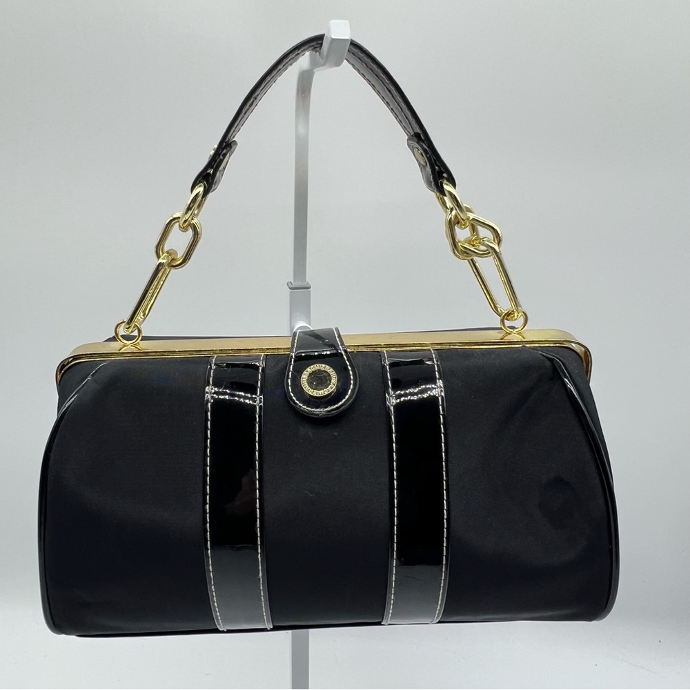 Isaac Mizrahi Black Vintage Patent Nylon Doctor Bag Purse, Gold Hardware, GUC